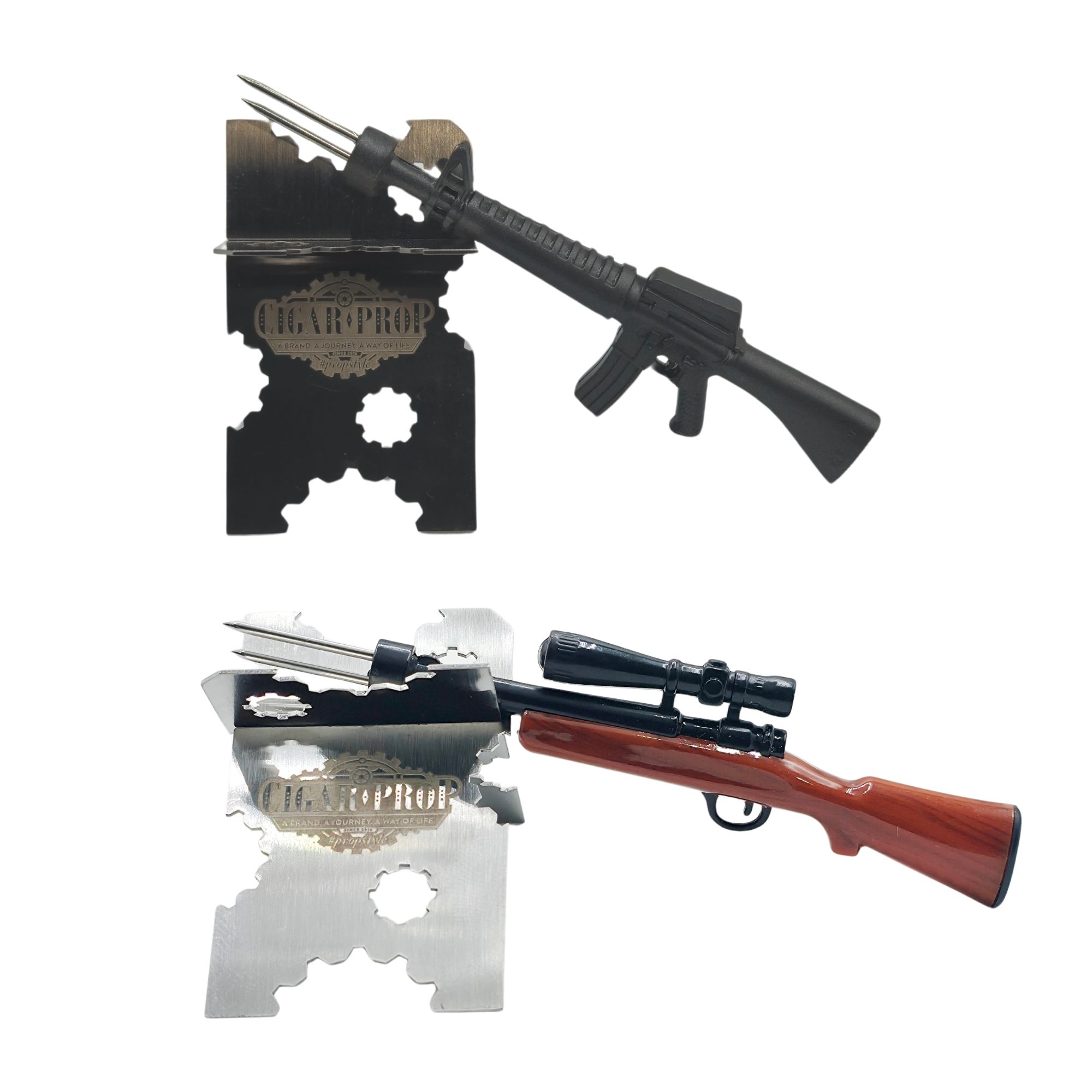 an image of two cigar holders, each one has a different novelty hunting rifle resting on them.