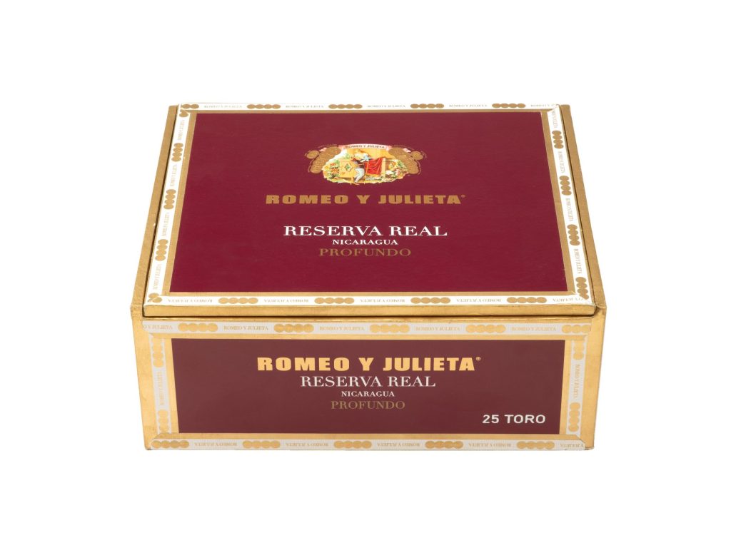 Romeo y Julieta Reserva Real Nicaragua Profundo cigar box shown closed, featuring red and gold branding with “25 Toro” displayed on the front.
