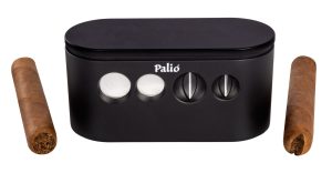 palio cigar cutter with two cigars on either side of it.