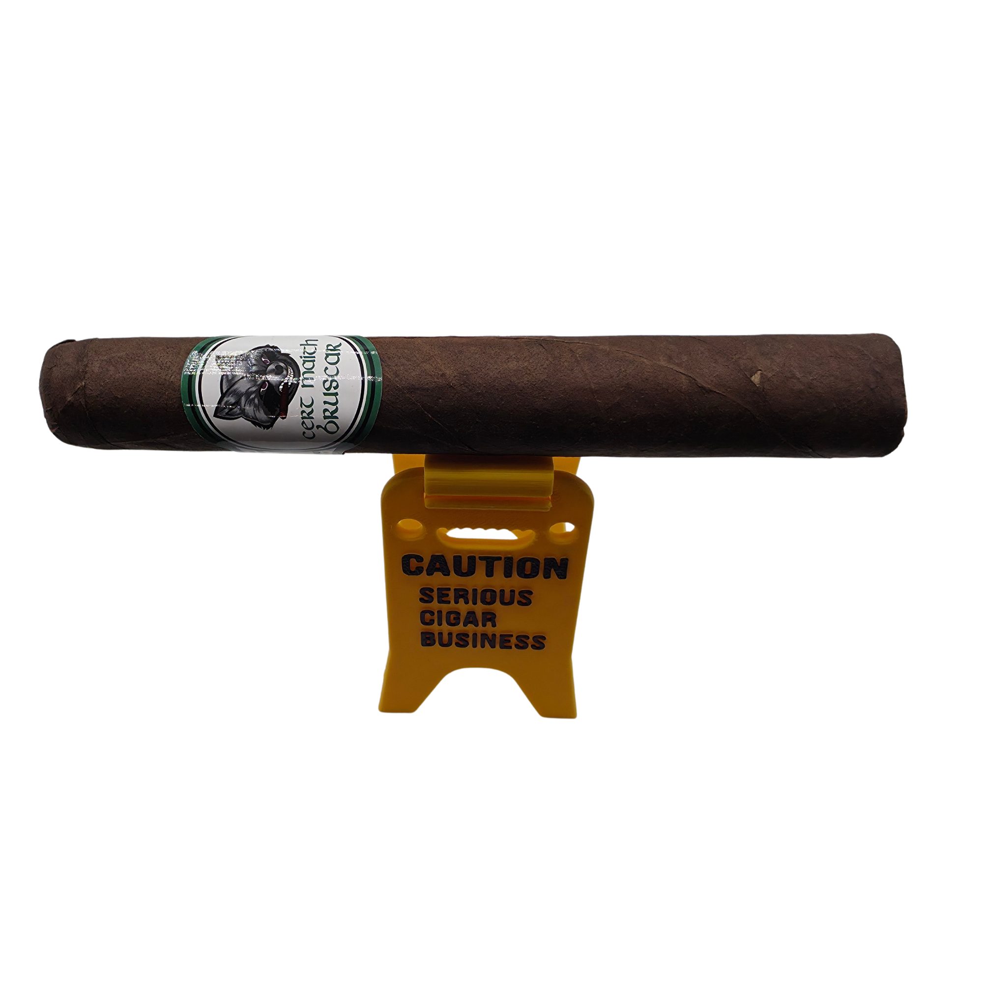 Bright yellow 3D printed cigar holder styled like a classic wet floor caution sign, printed with humorous cigar-related phrases in black text. The foldable design allows the sign to stand upright and serve as a portable cigar rest that keeps cigars elevated and off tables. shown with a cigar sitting atop of the cigar holder