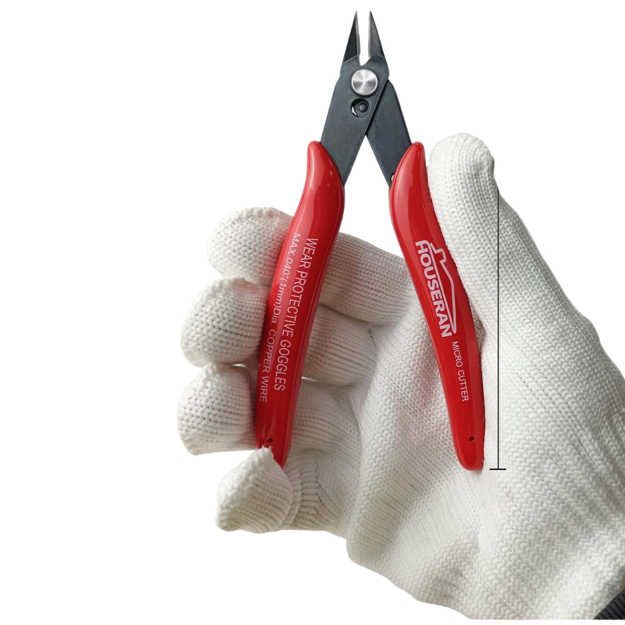 side cutters with red handle being held by a white gloved hand