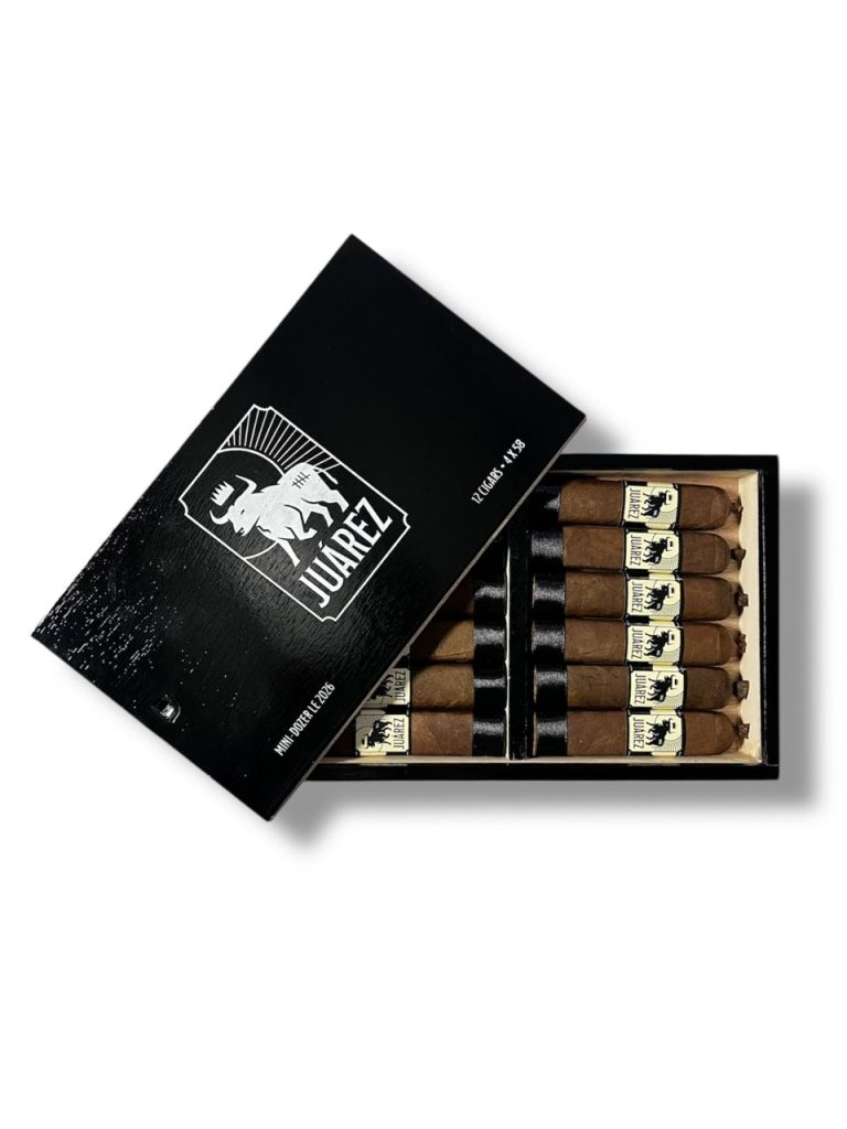 Open black Juárez cigar box viewed from above, showing multiple short, thick cigars arranged in rows. The box lid is partially open, displaying the Juárez bull logo and product markings on the interior.