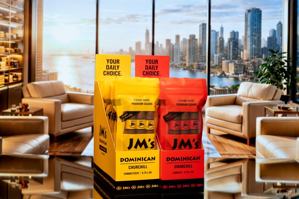 one red bag with cigars and one yellow bag with cigars. both have the JM's logo on the front