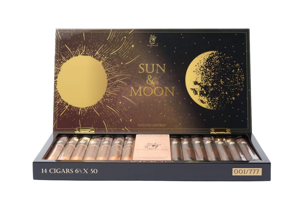 one box of cigars. on the inside cover is a picture of the sun on the left side, and the moon on the right side.