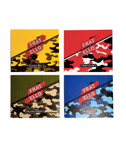 4 covers of the new Fratello cigars. One box is yellow, one is red, one if dark green, and one is blue. they each have a camoflauge pattern on the front corner, and each feature the fratello cigar logo in the center.
