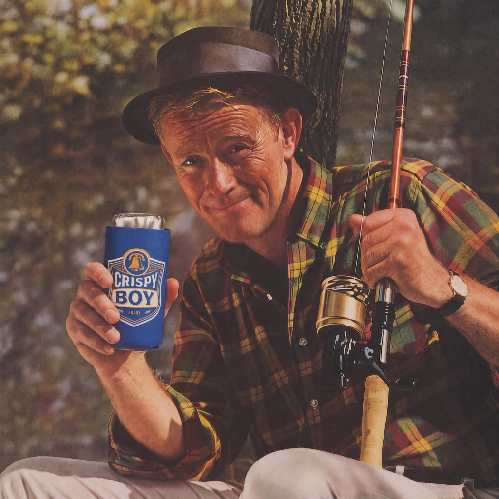 a man holding a fishing pole and a can that is in a insulated can cooler